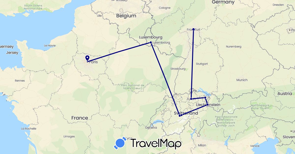 TravelMap itinerary: driving in Switzerland, Germany, France, Liechtenstein, Luxembourg (Europe)